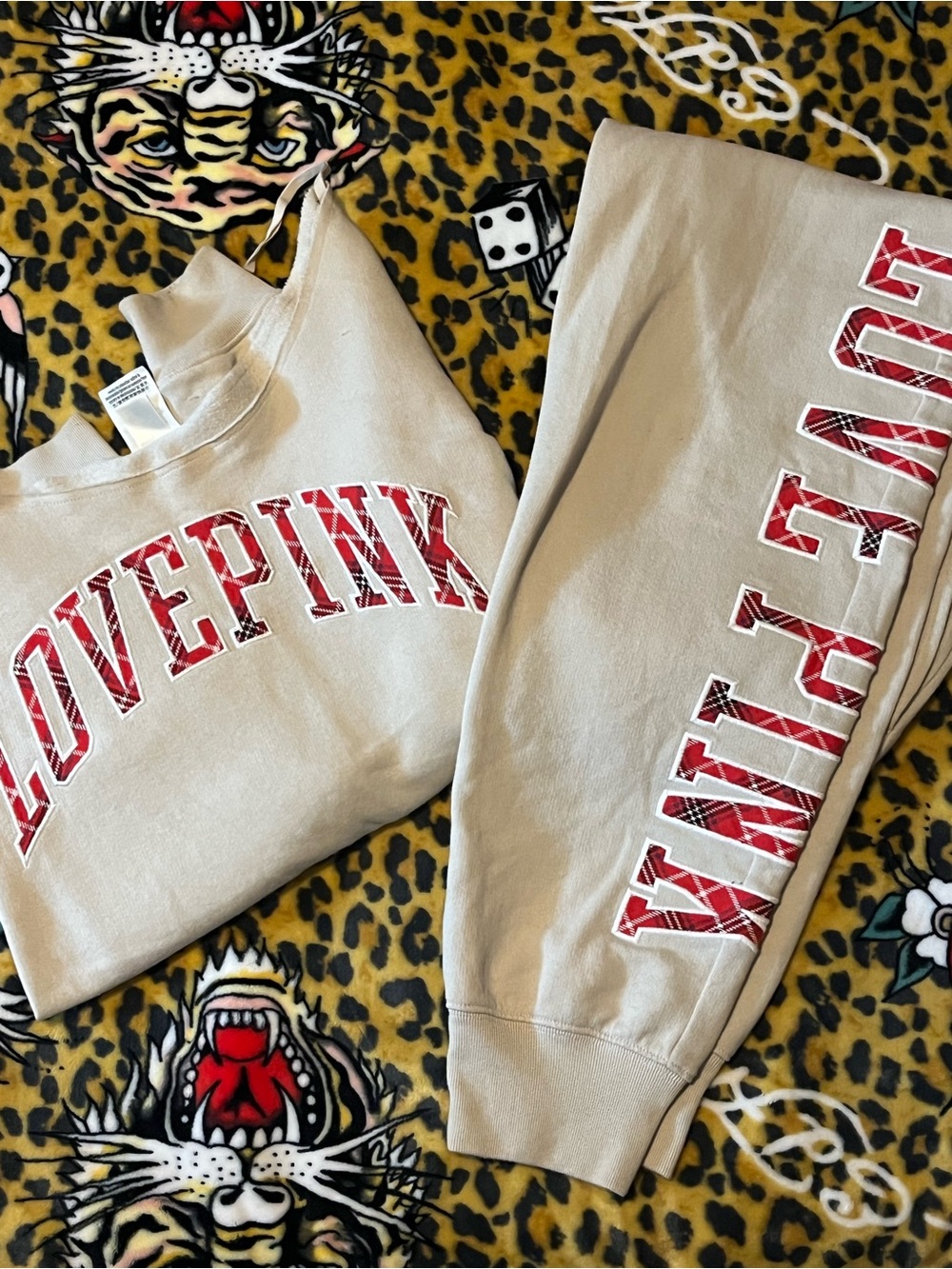 PINK Victoria's Secret Sweatshirt & Joggers Set with Red Plaid Lettering